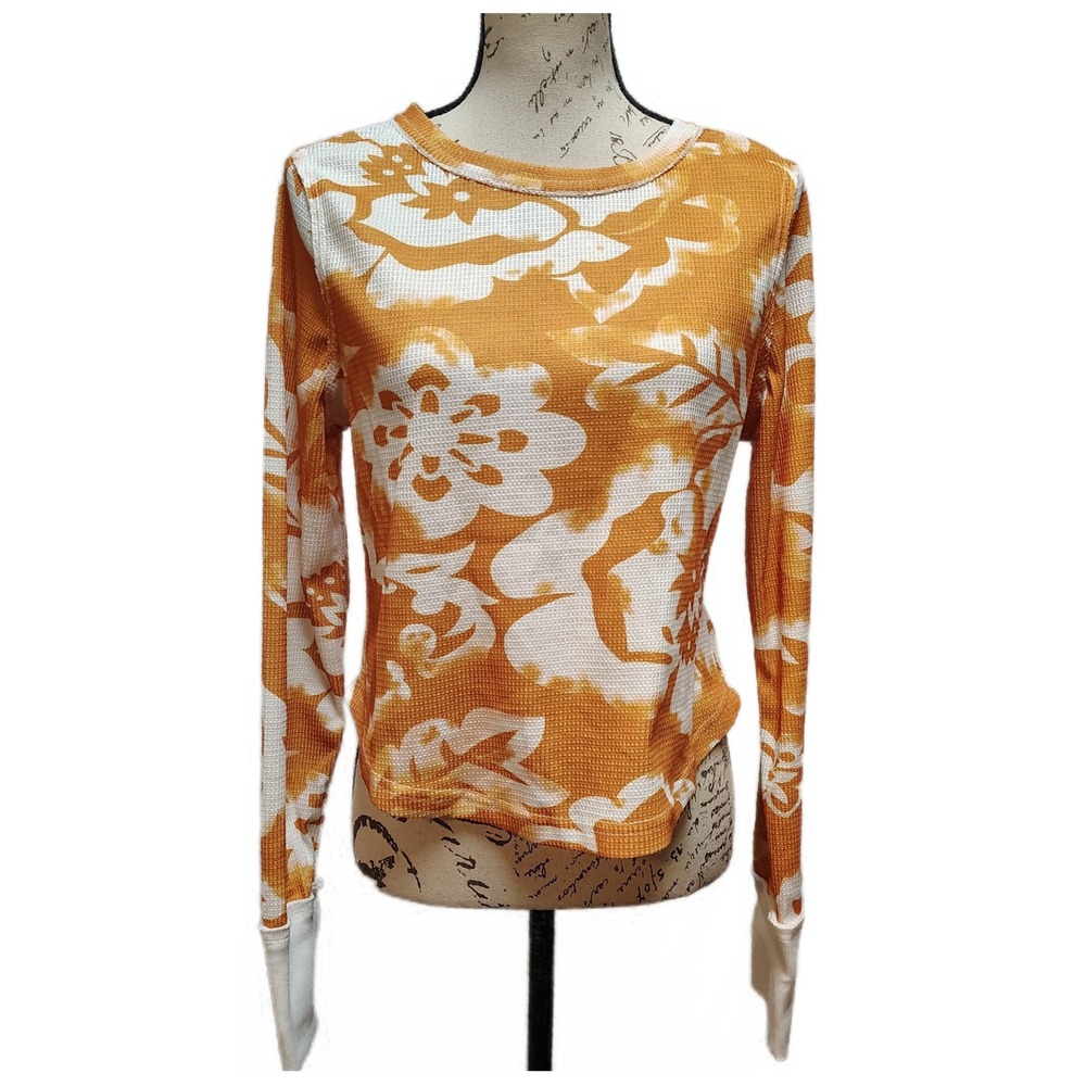 Women's Y2K Tropical Floral Grafitti Art Waffle Knit Long Sleeve Shirt Large